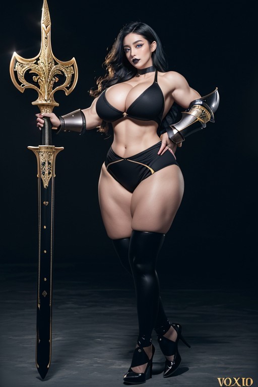 Oversized Colossal Gigantic Hyper Breasts, Black Choker, Holding A Sword AI Porn