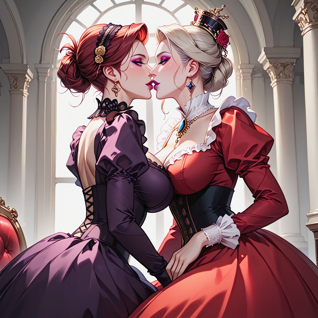 Steampunk Victorian Era, Crimson Dress With Gold Ornaments, Second Mature Woman Hentai AI Porn