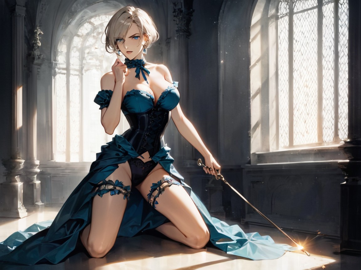 Torn Blue Corset Gown, Blonde Pixie Hair, Long Pointed Pink Nipples Latina AI Porn