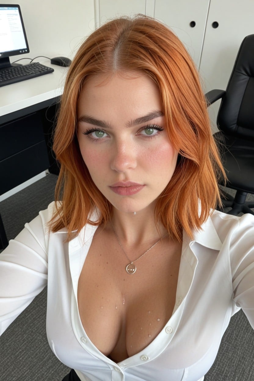 Heavy Makeup, Man Standing Behind Her, Magenta Office Suit AI Porn