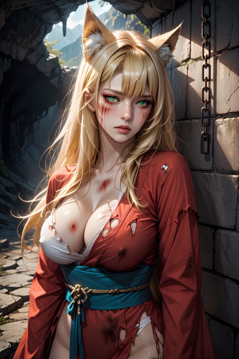 Green Eyes, Torn Clothes, Fox Ears Hentai AI Porn
