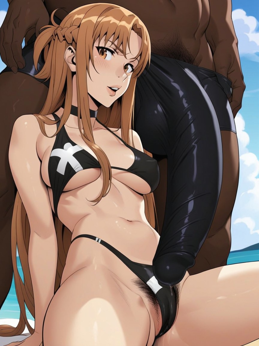 Black Bulge Close To Asuna Mouth, Looking Bulge, Asuna Surprised By Size Of Dick Print In The Man Swimsuit AI Porn