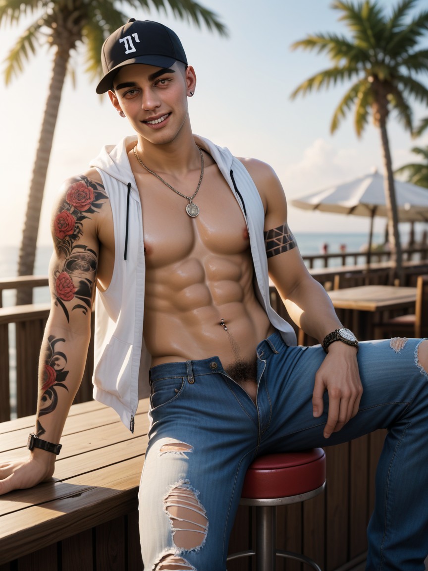Restaurant, Many People Around, Navel Piercing AI Gay Porn