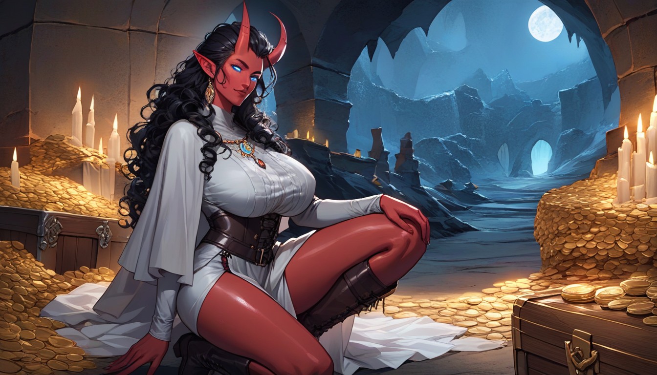 Night, One Horn Is Broken, Covered Breasts AI Porn