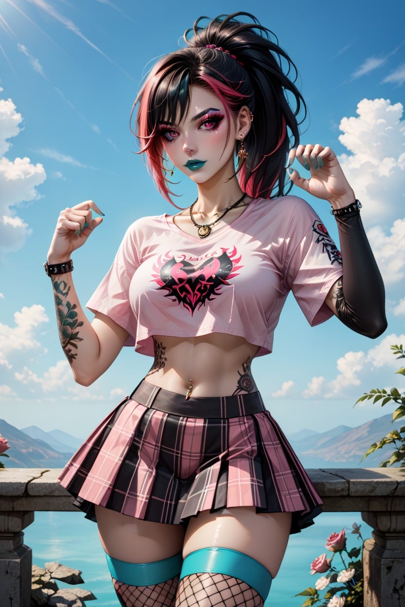 Turquoise Bra, 18+, Bra Worn Underneath Punk T-shirt Hentai AI Porn