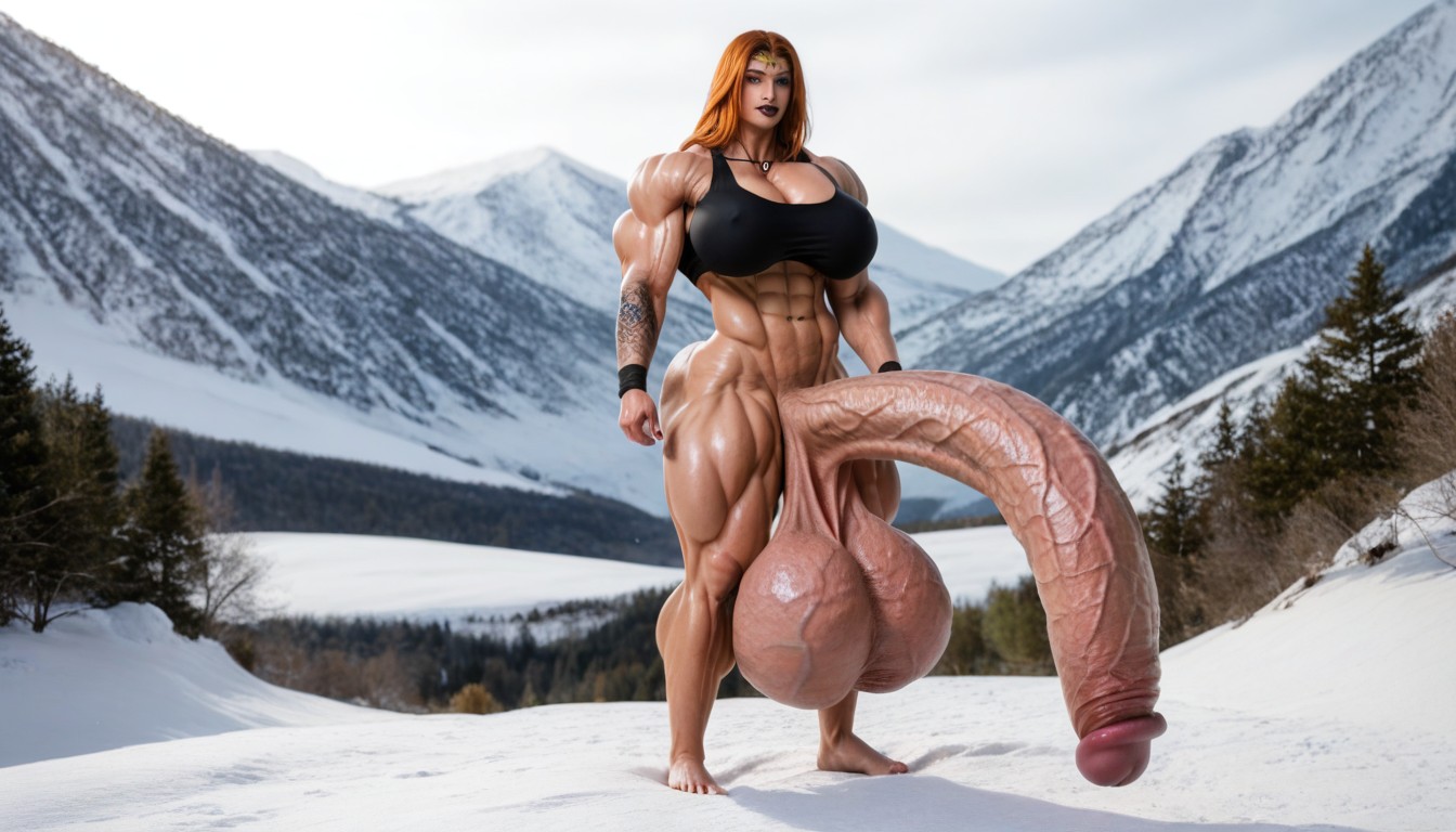 Ft Tall, Gold Arm Bracers, Flaccid Gigantic Cock Shemale AI Porn