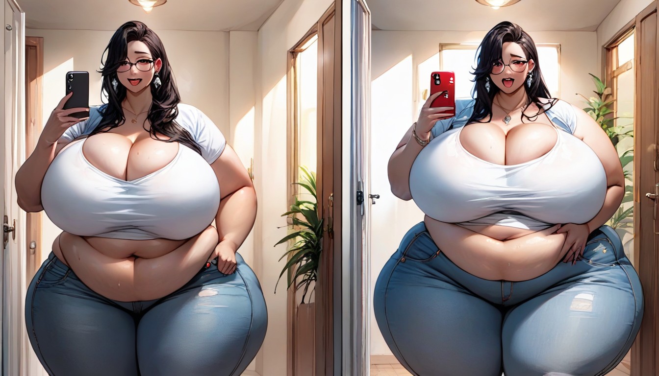 Selfie, Multiple Views, Hyper Fat Thick Curvy Fuller Figured Asian American College Woman BBW AI Porn