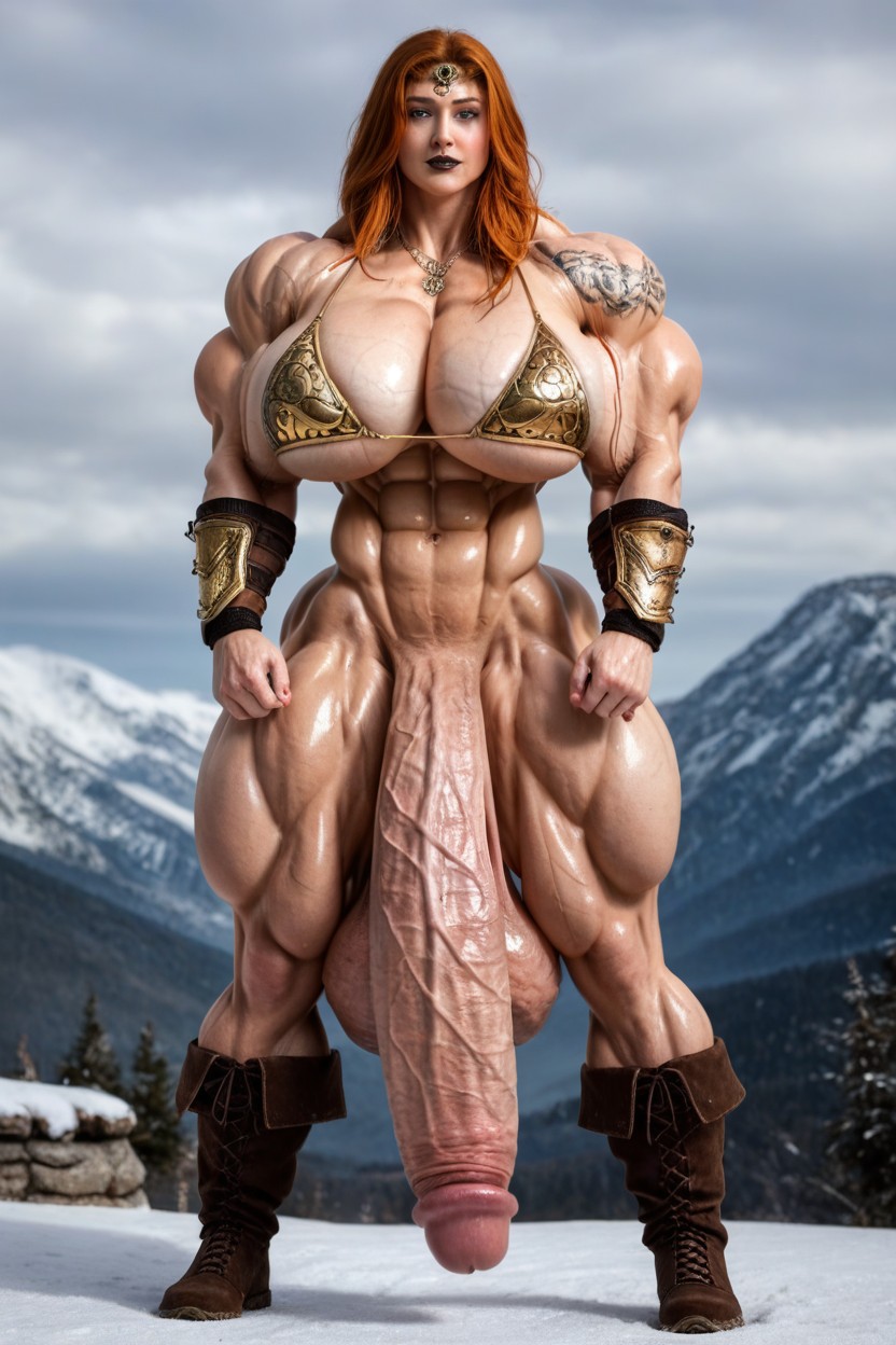 Thick Thighs, Snow Mountains Background, Absurdly Veiny Shemale AI Porn