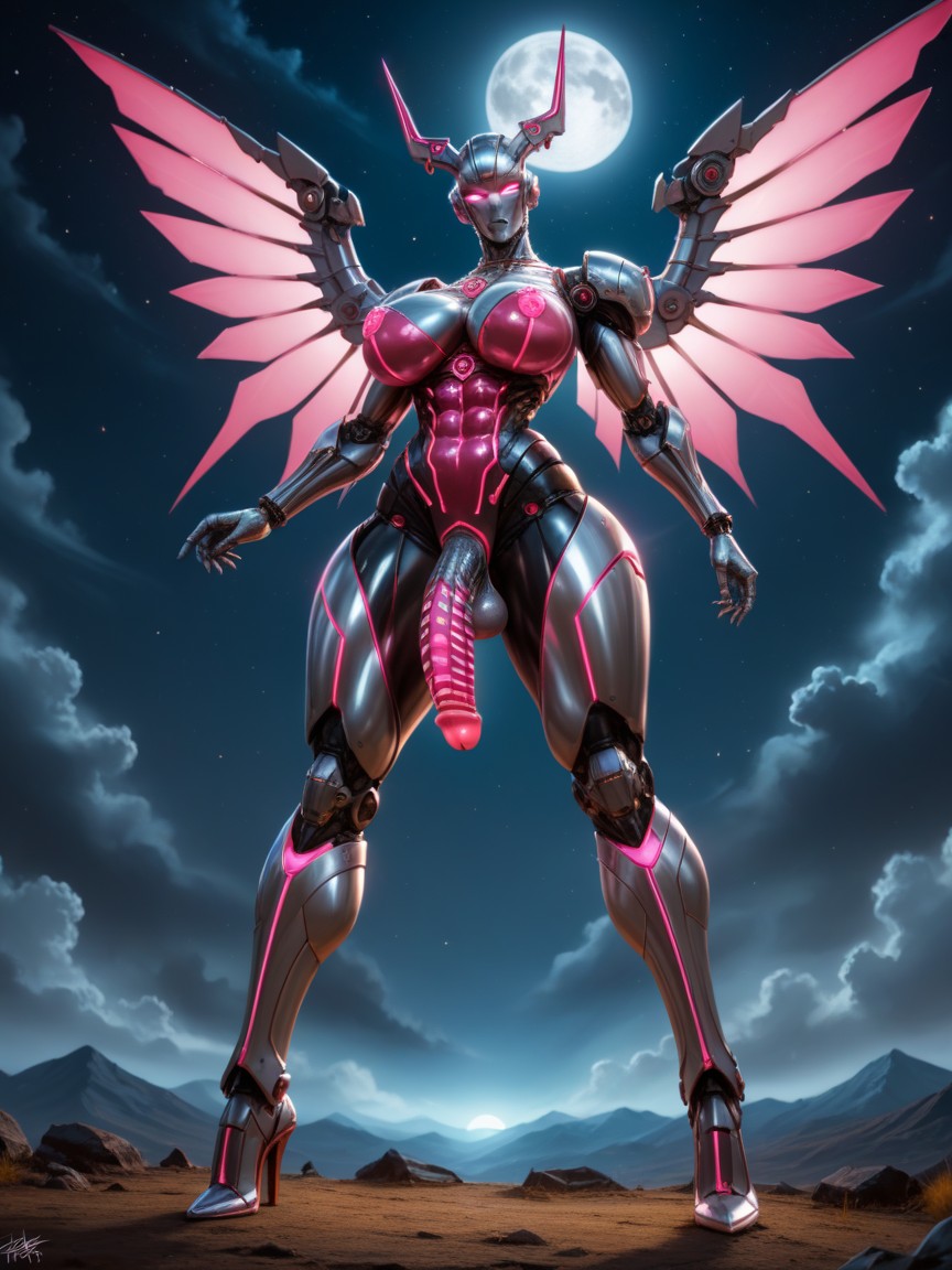 Pink Latex Catsuit With Gloves, Stand With Legs Wide Apart, Metallic Body Shemale AI Porn