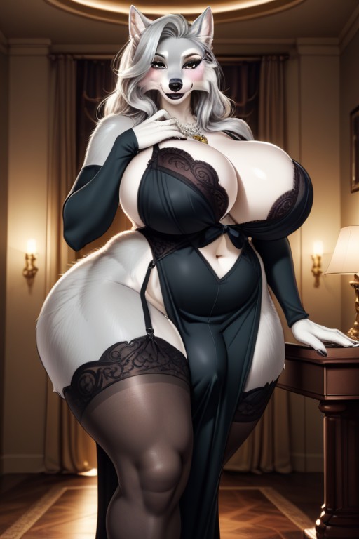 Silver Necklace, Grabbing Boobs, Very Huge Penis Bulge Straining Against Fabric Furry AI Porn