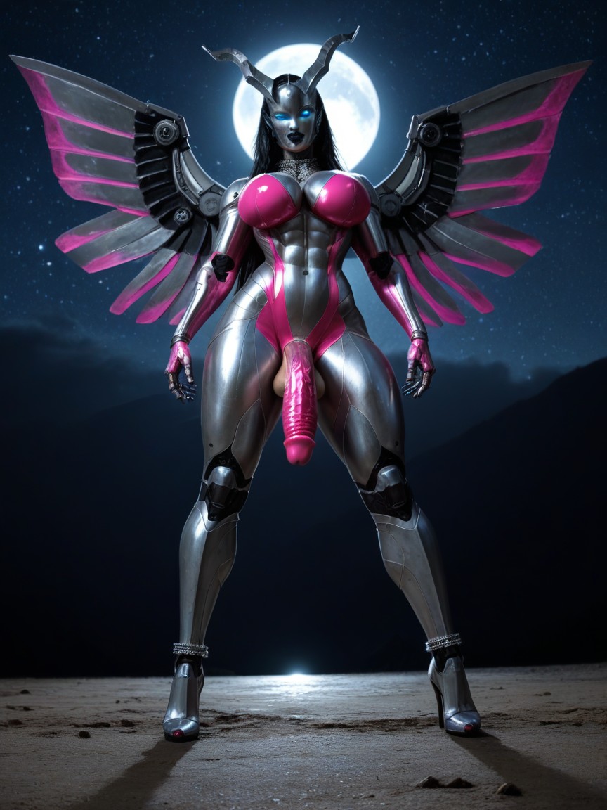 Shiny Metallic Robotic Breasts, Average Erect Shiny Silver Metallic Penis With Metallic Tip, Shiny Metal Horns Shemale AI Porn