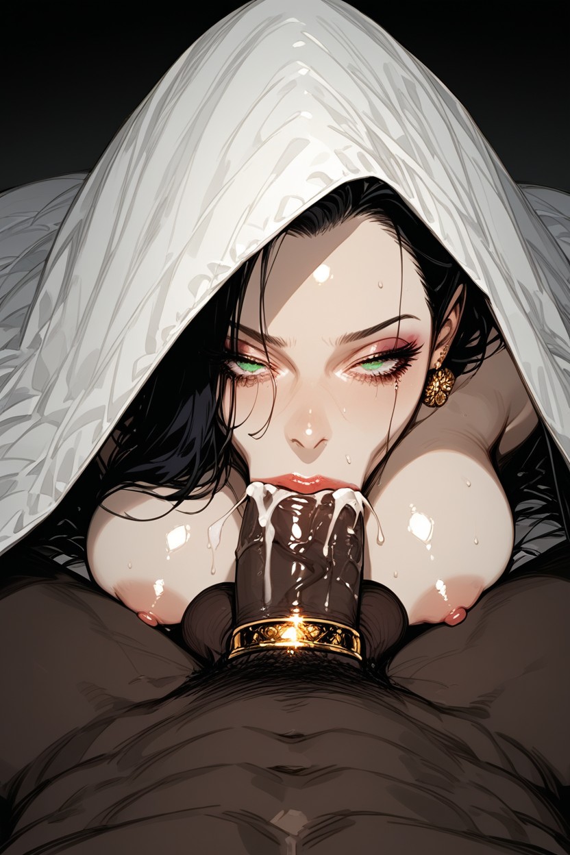 Sweaty, Male Holding Female Head Down, Green Eyes Hentai AI Porn