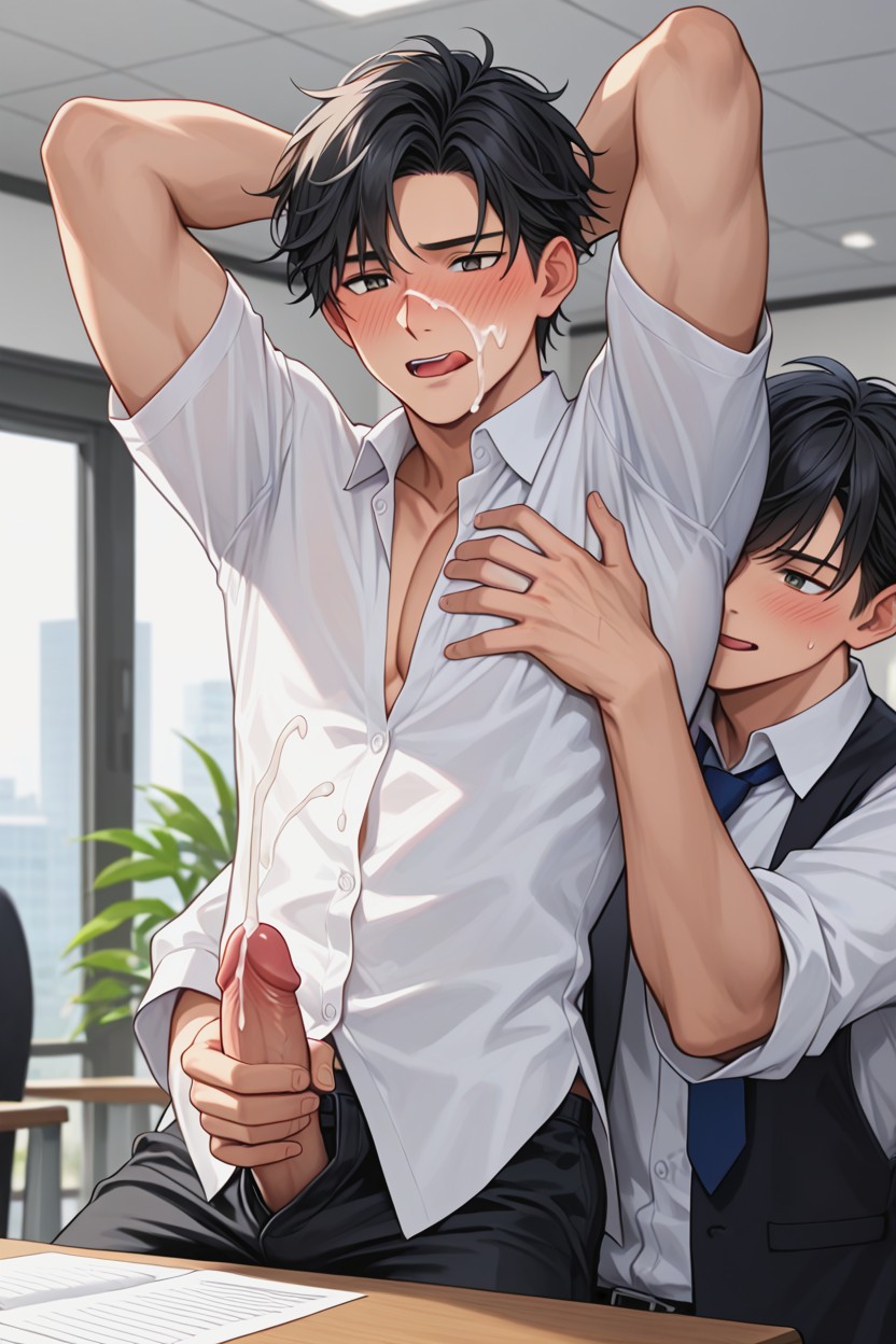 Masturbation, White Shirt, Sitting On Table AI Gay Porn