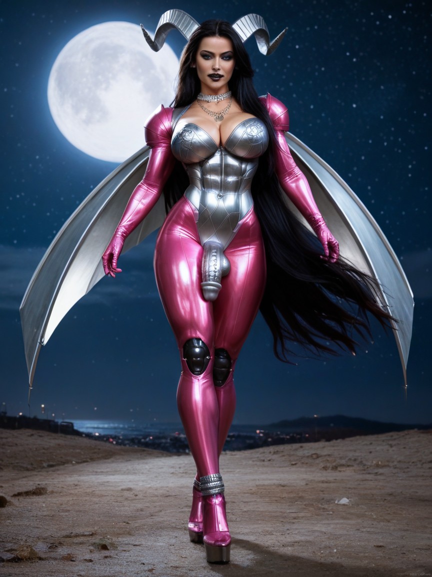 Stand With Legs Wide Apart, One Shiny Metallic Robotic Breast, Excessive Glowing Tattoos Shemale AI Porn