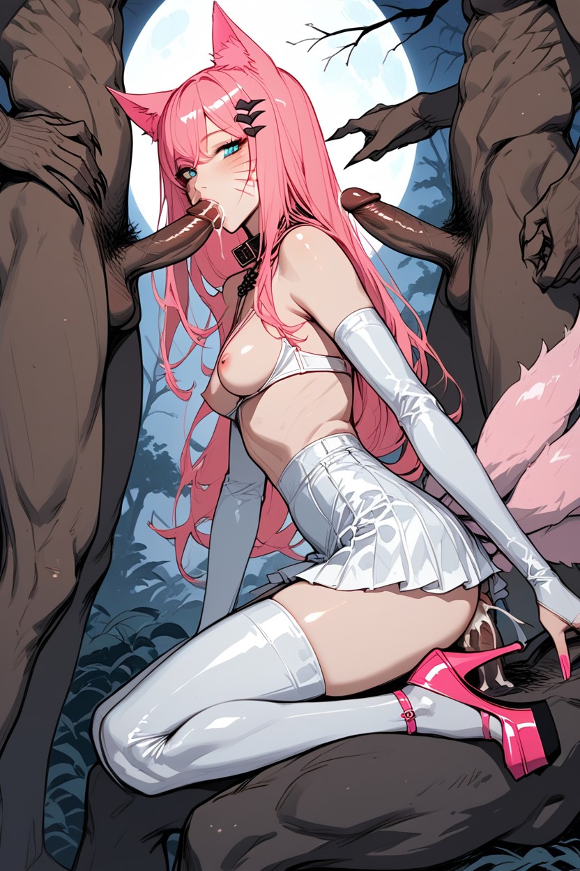Ahri Costume, Full Moon, Pink Hair Hentai AI Porn