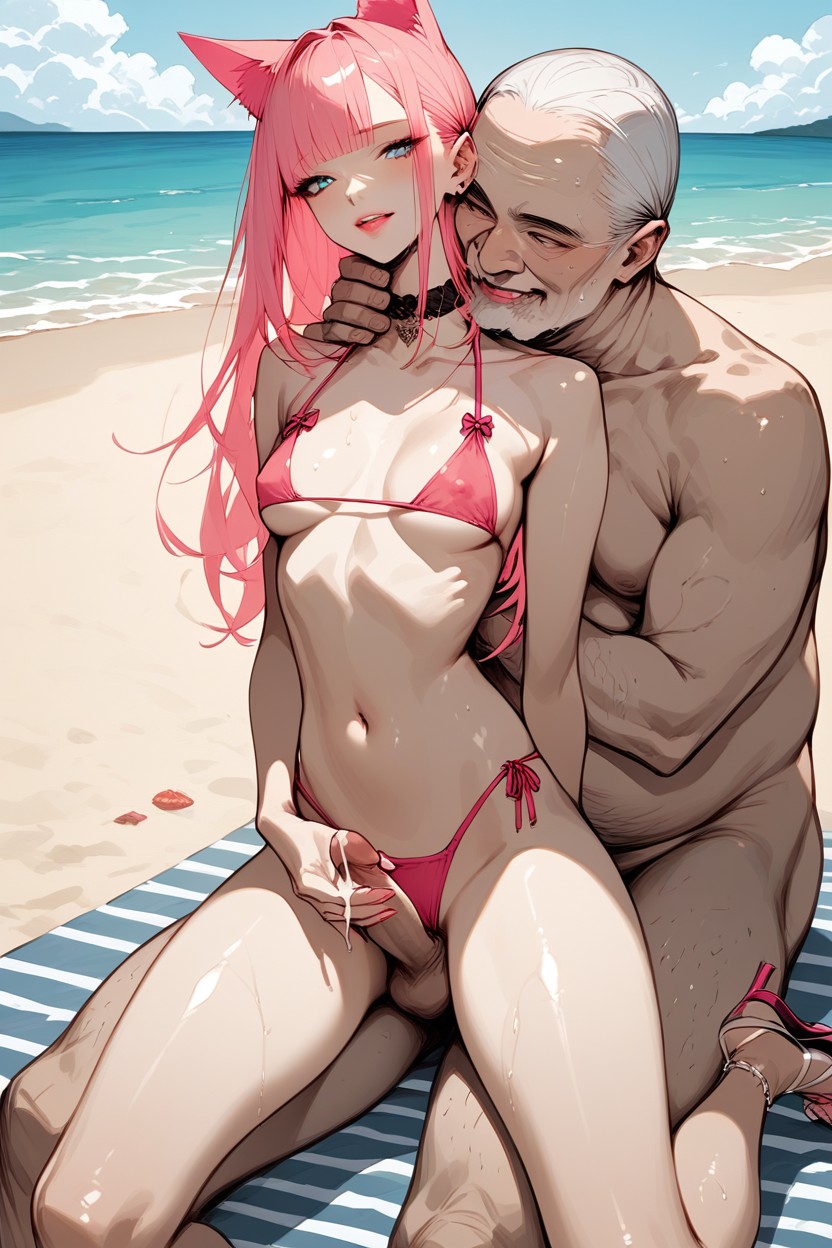 Pink Hair, Stroking Penis, Ocean Hentai AI Porn