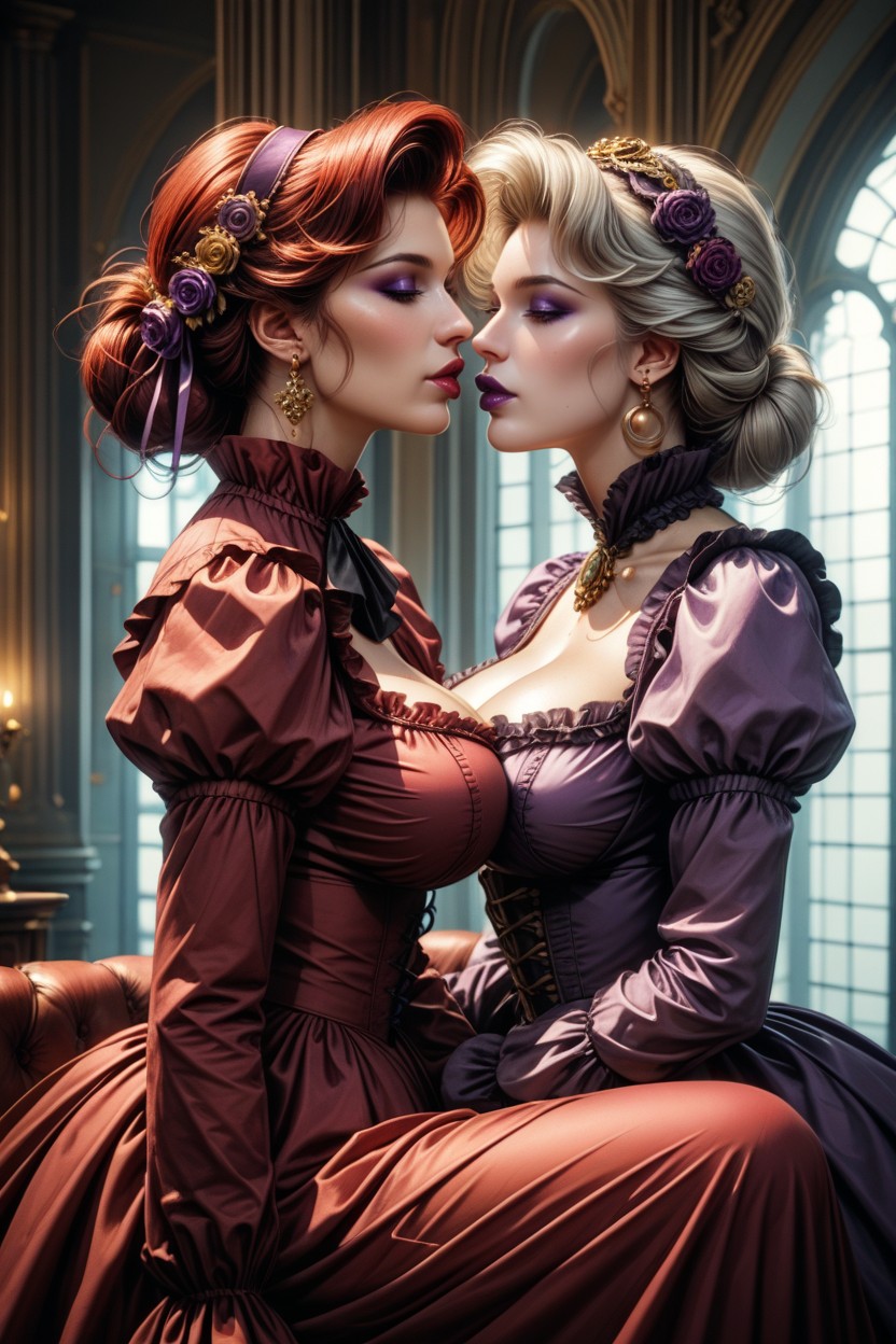 Crimson Dress With Gold Ornaments, Pale Skin, Victorian Era Dress Hentai AI Porn
