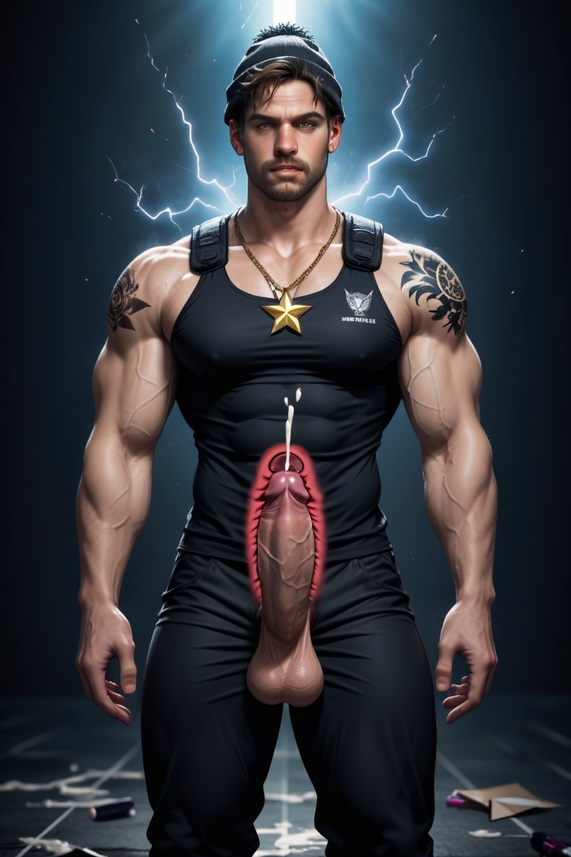 Combat Armour, Beanie With Letters Big D Printed On It, Muscular AI Gay Porn