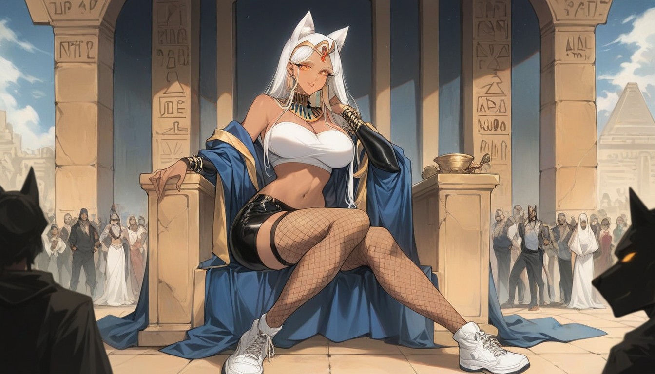 Bare Shoulders, Orange Eyes, Patterned Fishnet Stockings Hentai IA
