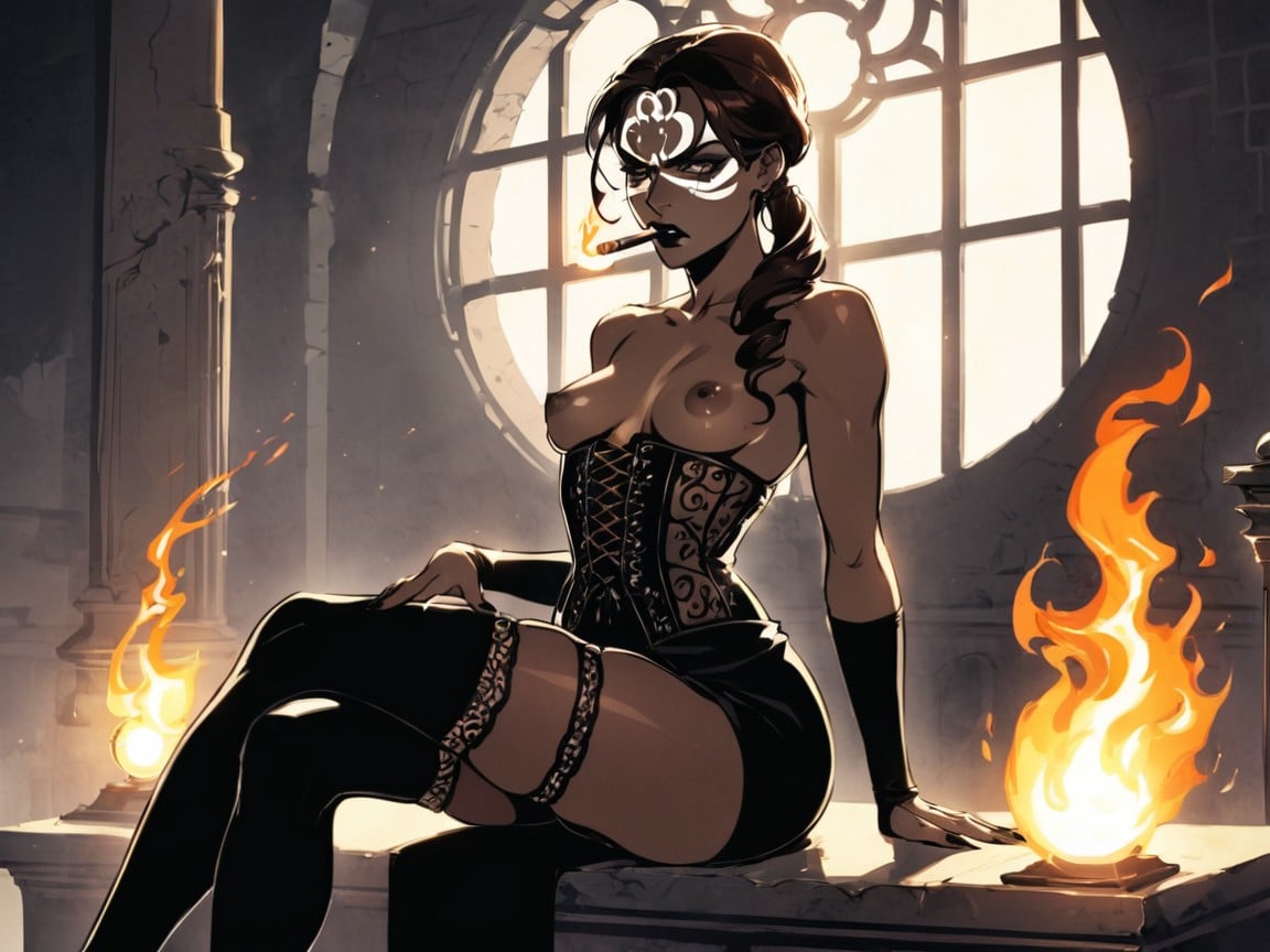 Black Lace Corset, Weapons On Ground, Steamy Breath Latina AI Porn
