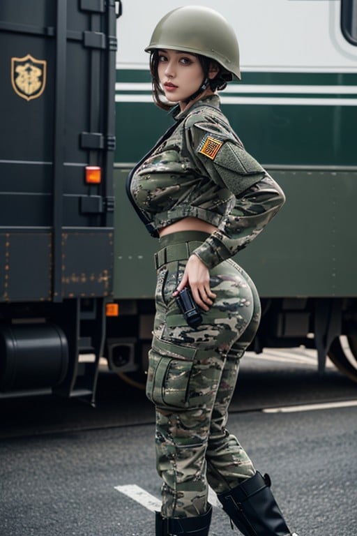 Black Hair, Holding A M Rifle, Bobcut Porno IA Asiatique