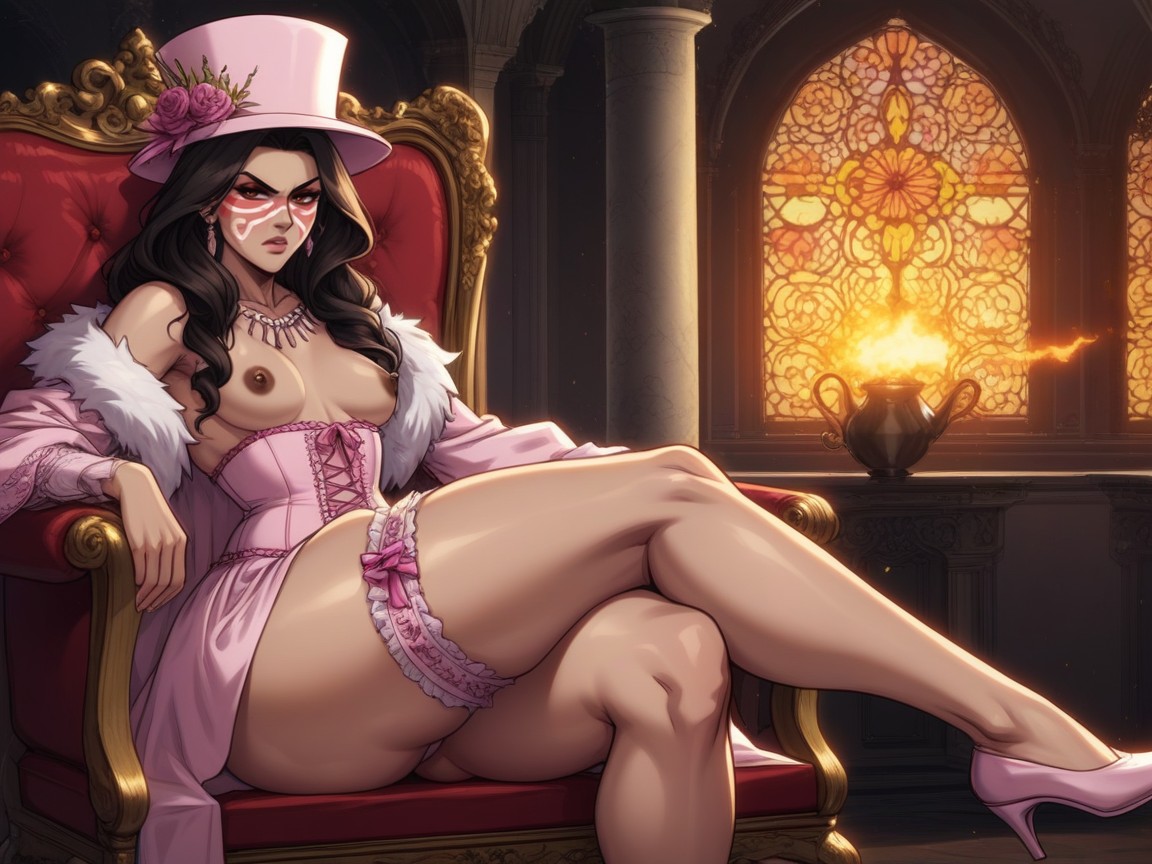 Pink Corset With White Lace Trim, Rubble In Distance, White Fur Hat Hentai AI Porn