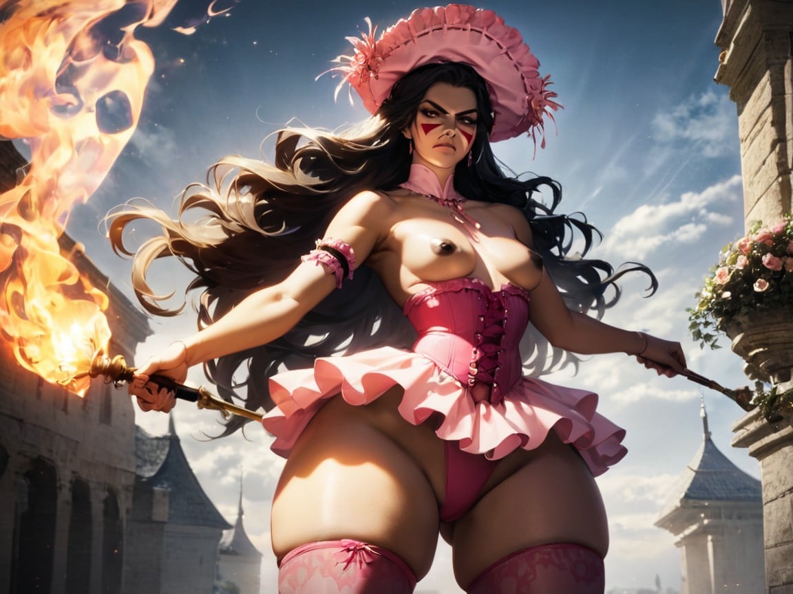 Pink Tribal Face Paint, Victorian Era Setting, Sheer Split Skirt Latina AI Porn