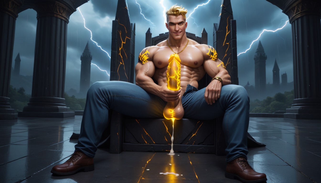 Sitting Down Legs Spread, Sitting On Lightning Throne, Dildo On Floor AI Gay Porn