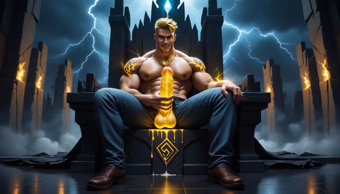 Sitting On Lightning Throne, Gold Necklace, Electric Dildo Cumshot On Floor ゲイAIポルノ