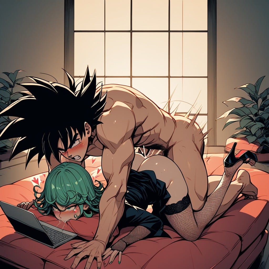 Goku Leaning Forward, Magazine, Sitting On Couch Hentai AI Porn