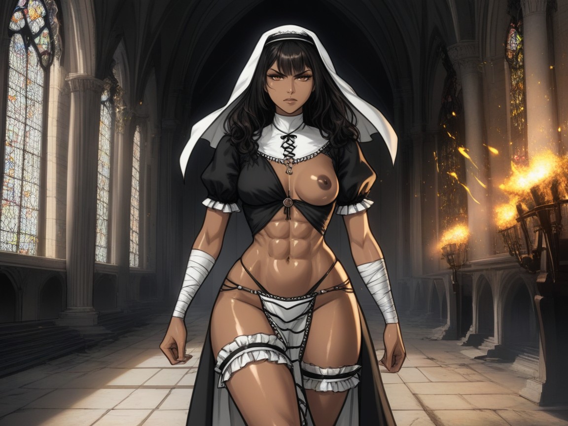 Close Up, Wearing Silver Tiger Print Colonial Clothes, Church Ruins In Background Hentai AI Porn