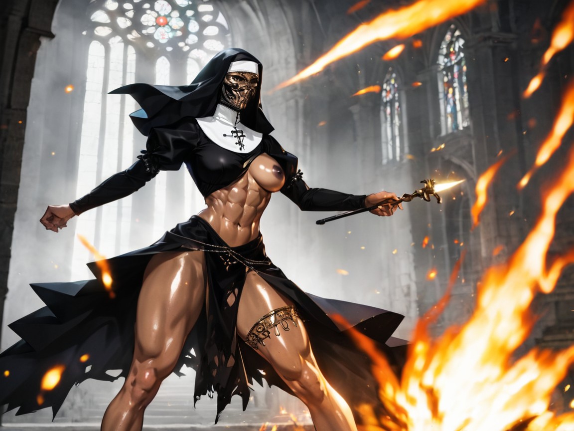 One Indigenous Woman, Woman Wearing A Nun Coif, Burning Church Background Латинское ИИ порно