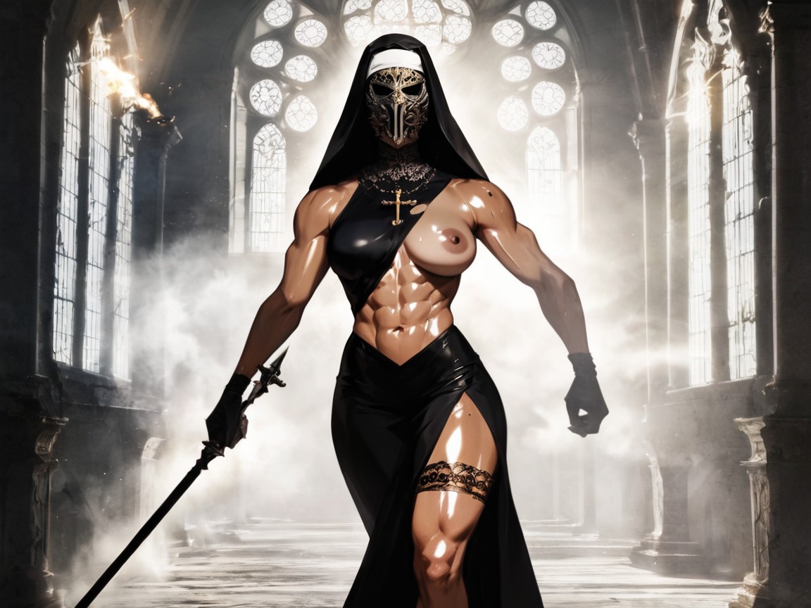 Squared Chest Width, Angry, Burning Church Background Latina AI Porn