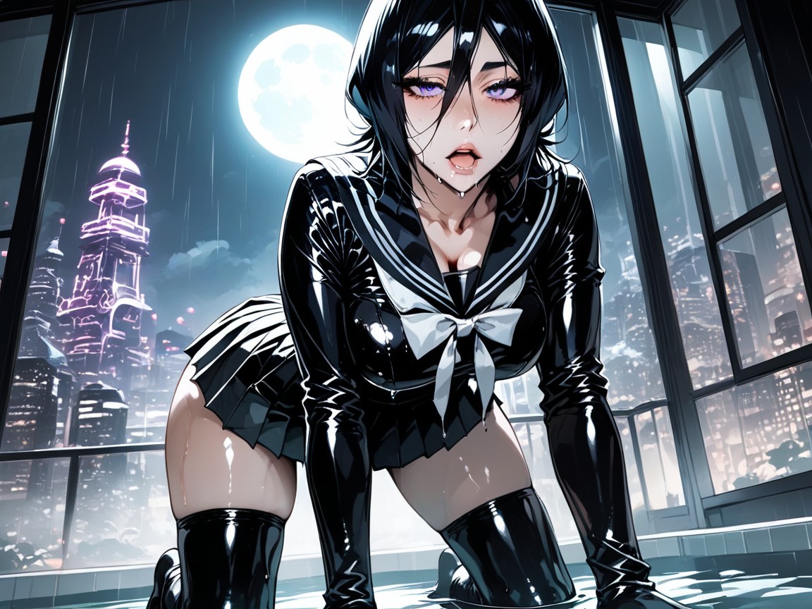 Thick Eyelashes, Black Latex Sailor Uniform, Japanese Woman Hentai AI Porn