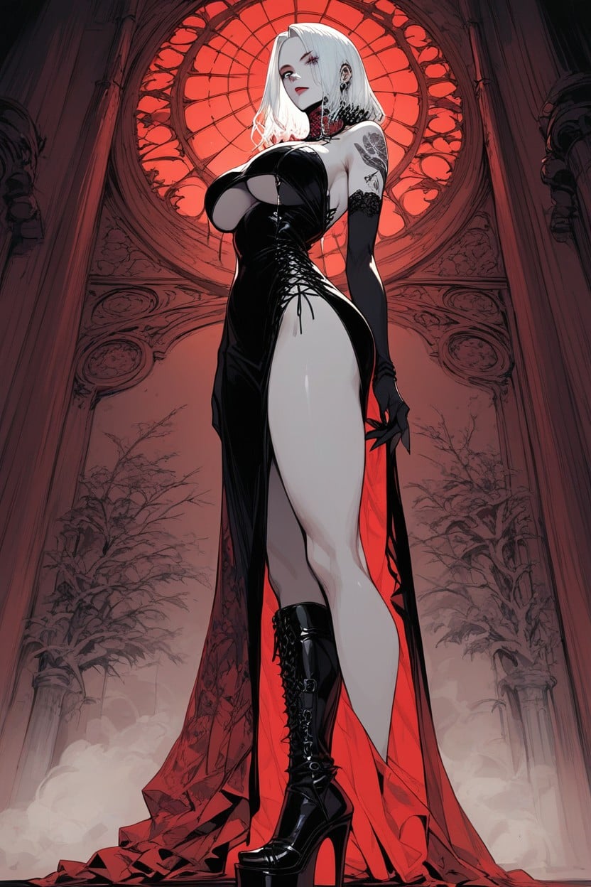 Long Gloves, Standing, Long Straight White Hair Hentai AI Porn
