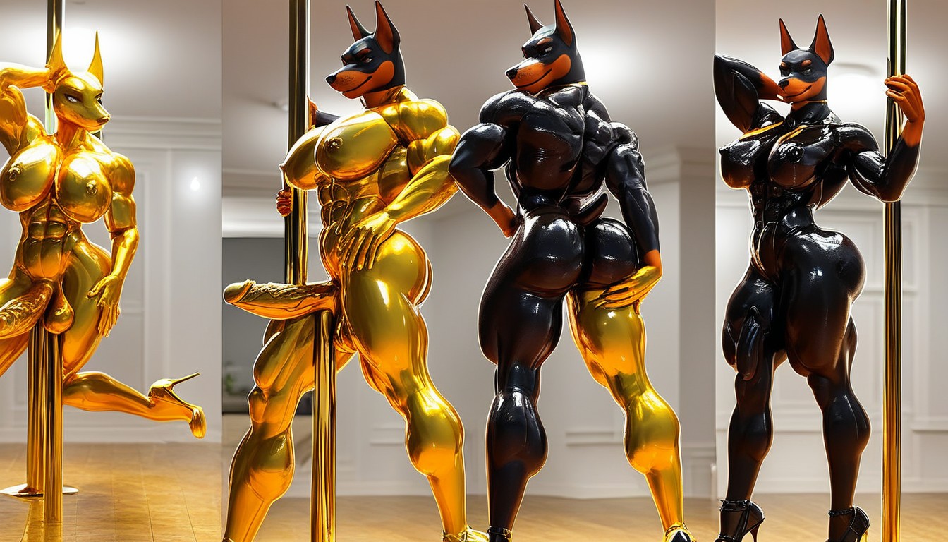 Muscular Legs, Shiny Gold Latex, Posing Selfie Furry AI Porn