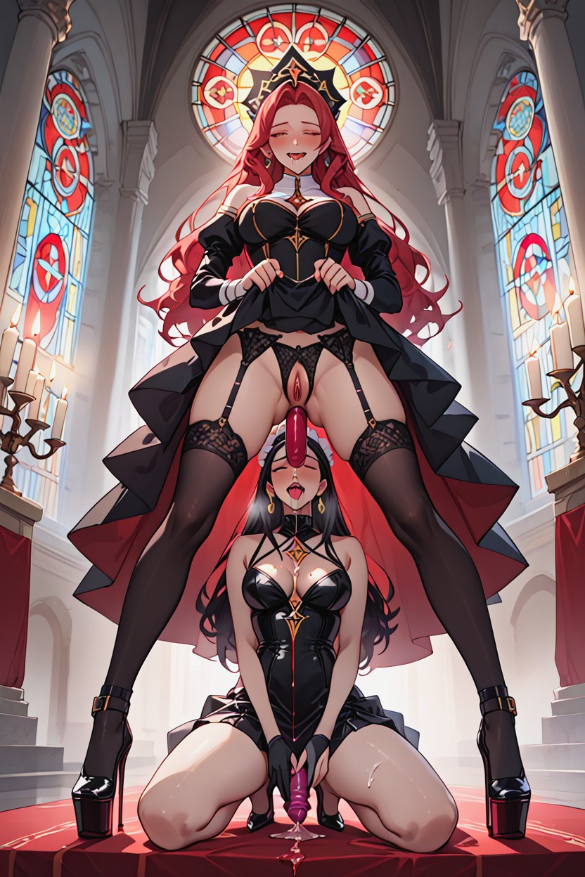 Visible Gem Plug, Slow Ceremonial Insertion On Built-in Dildo Below, Worship Posture Emphasized AI Porn
