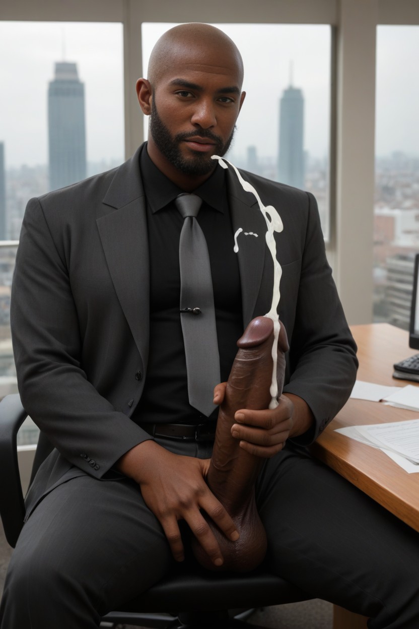 Ebony Skin, Sitting In A Reclining Black Office Chair The Man Is Bald, Looking At Viewer AI Gay Porn