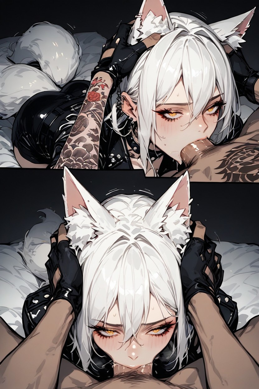 Form Fitting Dark Leather Vest And Shorts, Wet Eyes, Gold Eyes Hentai AI Porn