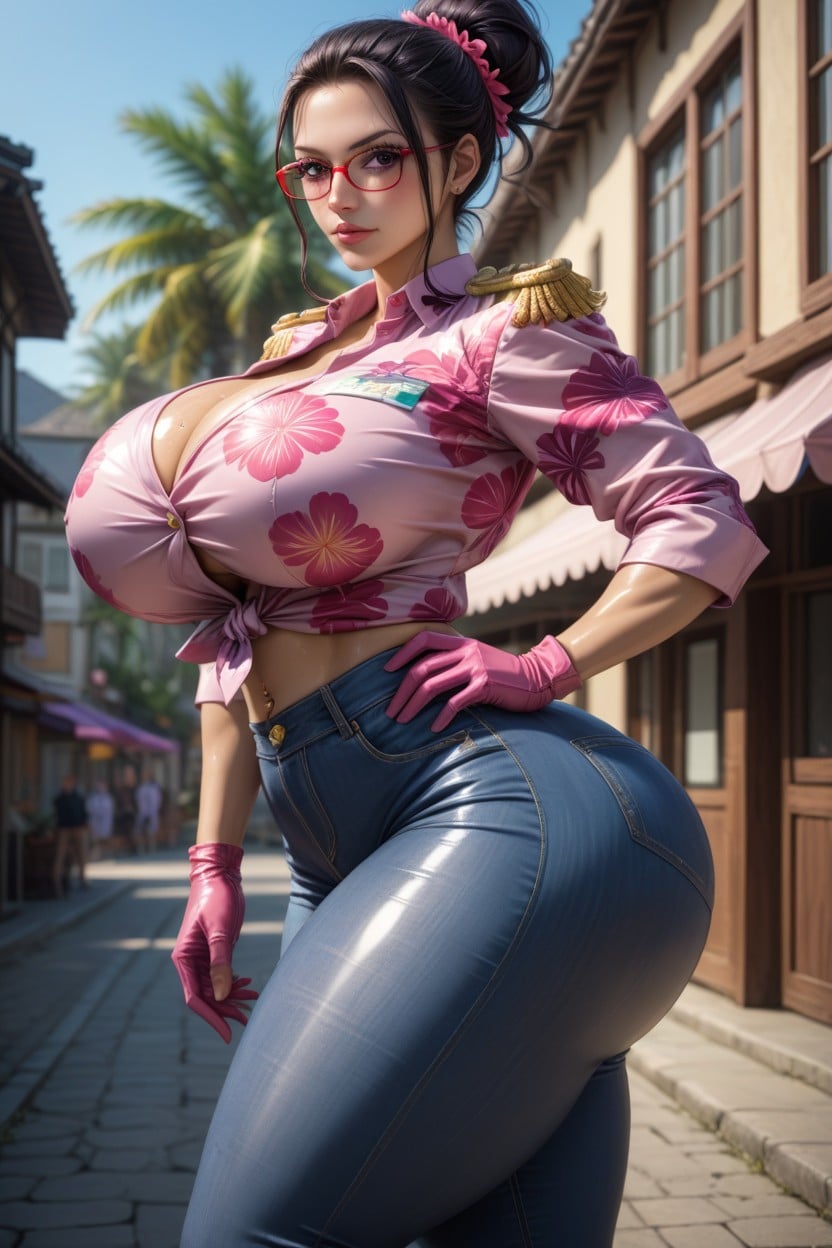 Sweaty Skin, Oil Skin, Pink Floral Leg Wear Hentai AI Porn