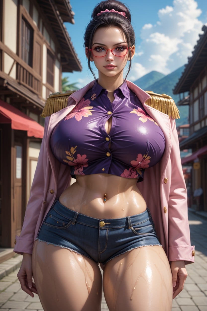 Voluptuous Thick Body, Highly Detailed, Pink Floral Leg Wear Hentai AI Porn