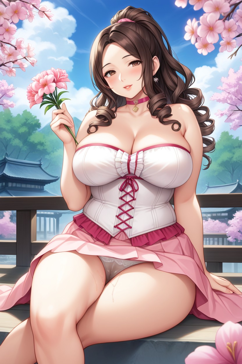 Flower, Pink An White Corset Skirt, Horny Hentai AI Porn