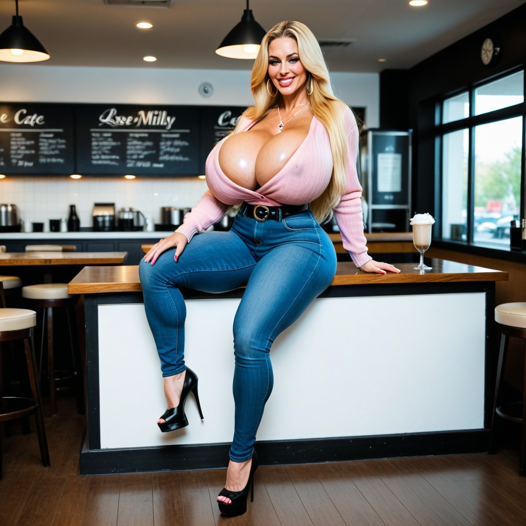Skin Tight Skimpy Pink Cardigan, Hyper Floppy Drooping Breasts, Legs Crossed AI Porn