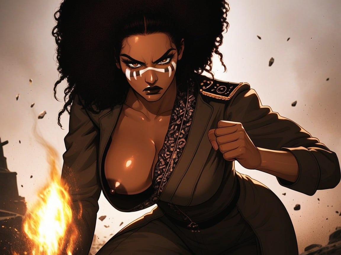 Strong Thighs, Gold Lace Military Epaulettes, Brown Tribal Body Paint AI Porn