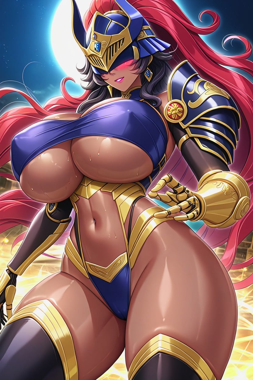 Headband, Dark Blue Colossal Cyborg Arms With Gold Rune Design, Colossal Gold Cyborg Hands Hentai AI Porn