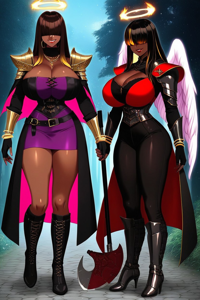 Purple Skirt Over Black Leggings, Holding Huge Axe In Right Hand, Motto Haramase Honoo No Oppai Isekai Chou Ero Succubus Gakuen Porno ebony IA