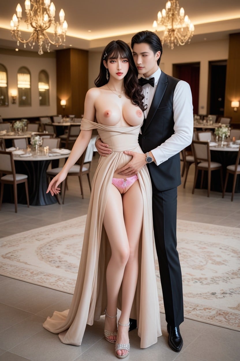 Night Time, Beige Satin Tablecloth, Elegant Dining Chairs Porno IA Asiatique