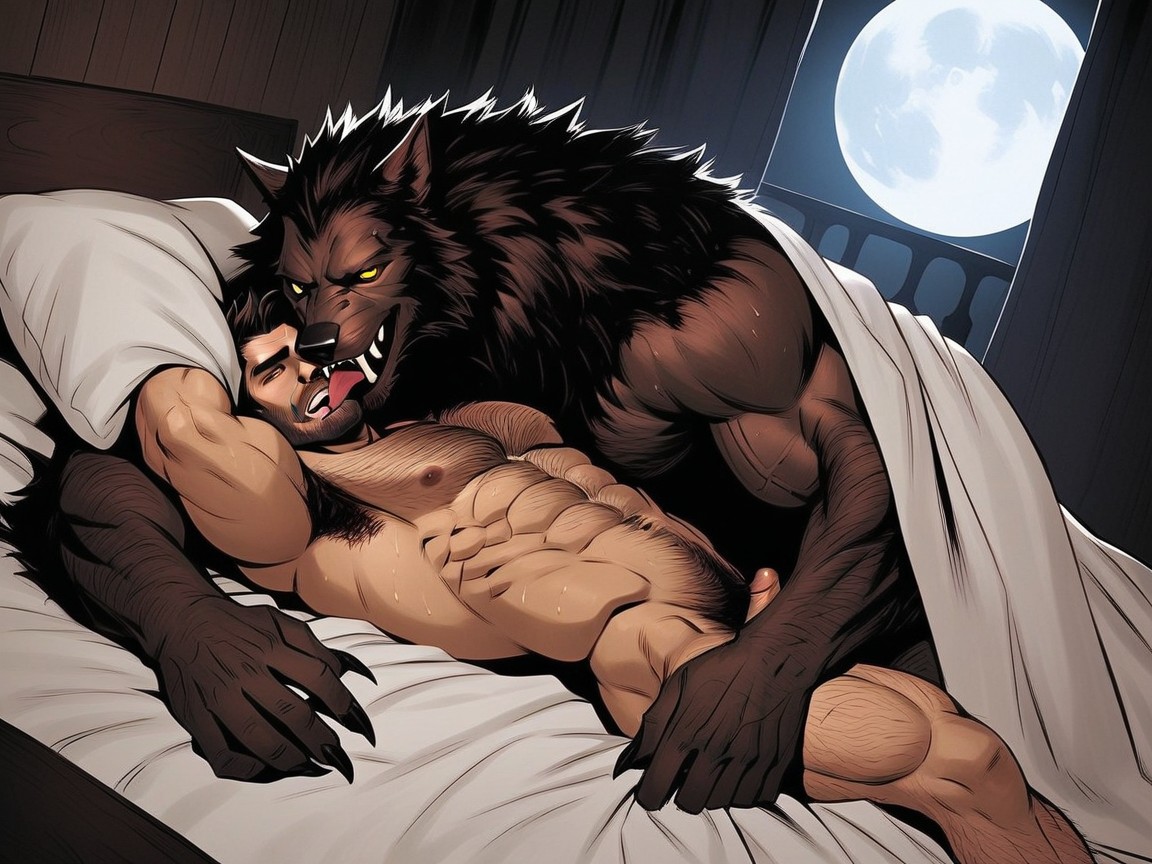A Monstrous Hairy Like Werewolf, Werewolf Has Hairy Muscular Digitigrade Legs, Happy AI Gay Porn