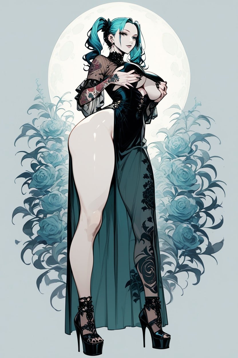 Tattoos, Elegant And Seductive, High Slit Revealing One Leg Hentai AI Porn