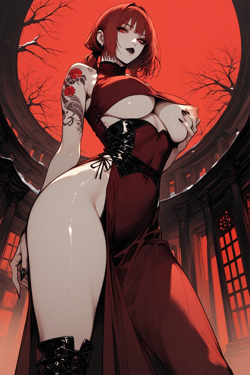 Long Wavy Red Hair, Black Lips, Red Lips Hentai IA